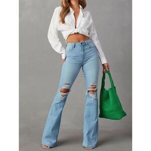 Commense Distressed Light Wash Flare Jeans Ripped Denim Trendy  L‎ 8/10